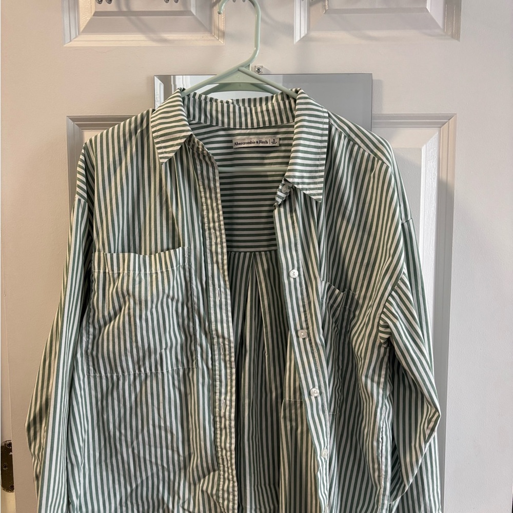 Abercrombie & Fitch Green and White Striped Shirt